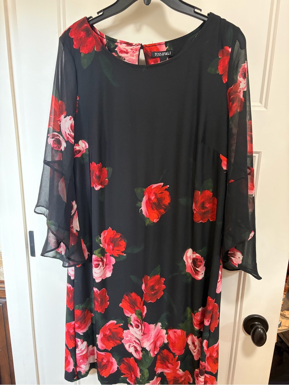 Roz & Ali Black Dress with Red and Pink Floral Print